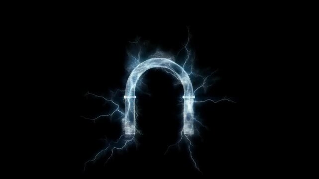 Abstract visual of glowing blue energy forming an arch shape with light bursts and waves, set against a dark backdrop