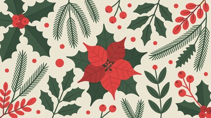 Festive Christmas botanicals with poinsettia, holly, and berries pattern
