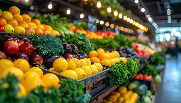 Fresh Produce Display Vibrant Fruits and Vegetables at a Local Grocery Store. - Powered by Adobe