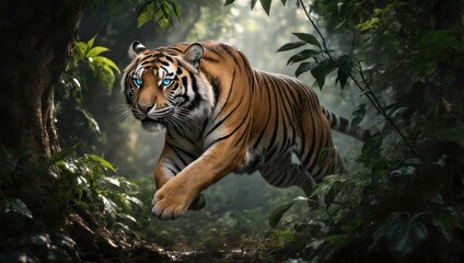Fototapeta premium Majestic Bengal Tiger Stalking Through Dense Tropical Jungle Under Lush Green Canopy.