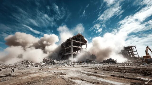 Debris and dust billow from a building demolition under a partly cloudy sky