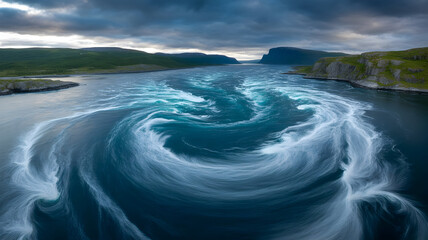 Illustration of a powerful ocean maelstrom with a dramatic swirling vortex in dark water and green land under a stormy sky