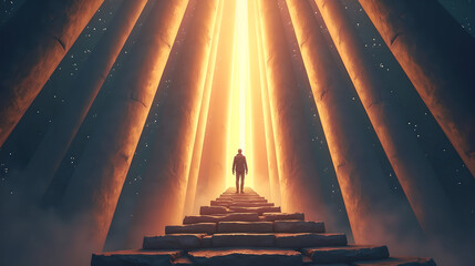 Lone Figure Standing Among Radiant Golden Light Beams
