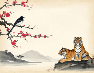 Korean folk painting Jakhodo magpie and tiger under plum blossoms traditional Asian ink art