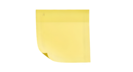 A single yellow sticky note with a curled corner isolated on a black background for reminders on transparent background