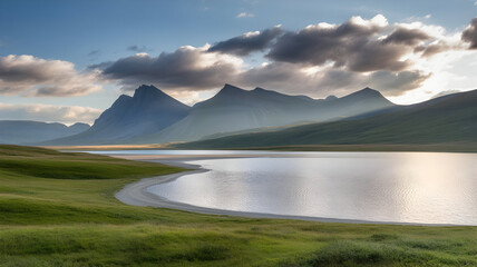 Serene mountain lake illustration reflecting dramatic clouds and green hills in a tranquil natural landscape