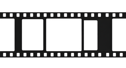 A black and white film strip with sprocket holes and empty frames on a black background design element on transparent background