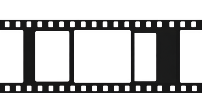 A black and white film strip with sprocket holes and empty frames on a black background design element on transparent background