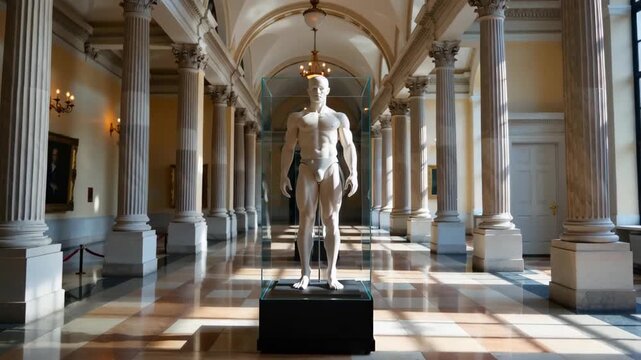 A well-lit hallway featuring classical architecture with a statue in the center, illuminated by sunlight filtering through large windows