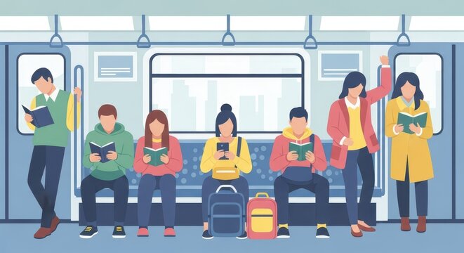 Group of commuters engrossed in reading materials while traveling inside a public transit vehicle