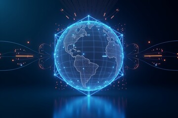 Digital globe connected by glowing blue network nodes, representing global connectivity and data exchange in futuristic space.