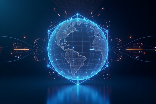 Digital globe connected by glowing blue network nodes, representing global connectivity and data exchange in futuristic space.