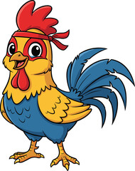 Colorful cartoon rooster with red headband, expressive eyes, vibrant feathers, cheerful pose, playful farm animal character for kids media