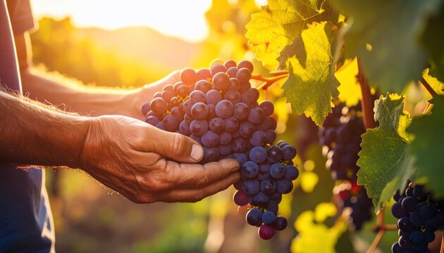 Hand holding a bunch of ripe grapes in vineyard at sunset with harvesting.