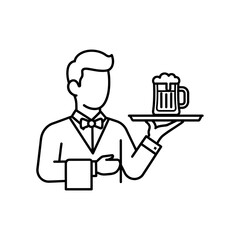 Waiter Serving Beer Line Art – Vector Illustration of Restaurant Service with Drink on Tray