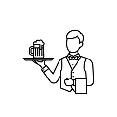 Waiter Serving Beer Line Art – Vector Illustration of Restaurant Service with Drink on Tray