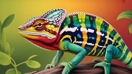 Vibrant chameleon illustration showcasing its incredible colorful skin patterns on a jungle tree branch