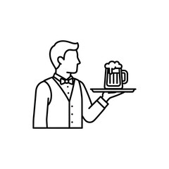 Waiter Serving Beer Line Art – Vector Illustration of Restaurant Service with Drink on Tray