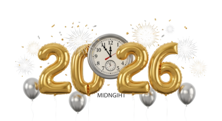 Golden 2026 balloons and clock with fireworks celebration isolated on transparent background