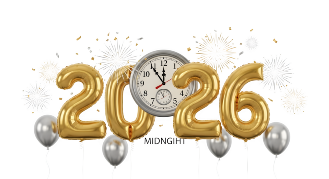 Golden 2026 balloons and clock with fireworks celebration isolated on transparent background