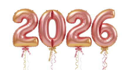 Rose gold metallic balloons spelling out the year 2026 isolated on transparent background