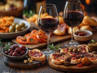 Red Wine with Appetizers, Olives Bruschetta Tomatoes, Dining Scene Food Display