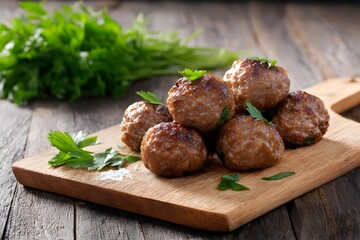 Smoked Halal Beef Meatballs on Wooden Cutting Board with Herb for Gourmet Culinary Food Photography Rustic Style