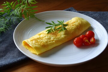 French Style Thin Omelet Rolled on Elegant Serving Platter for Gourmet Breakfast Brunch Food Photography