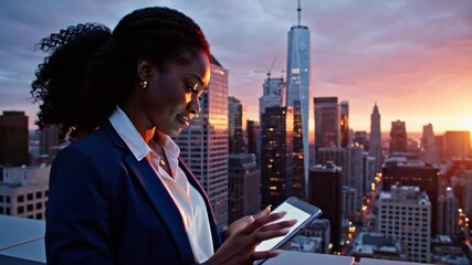 A determined businesswoman on a skyscraper rooftop in a bustling metropolis at sunset, utilizing her tablet