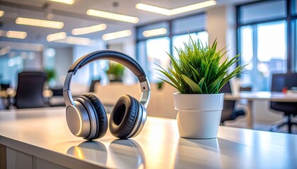 Headphones and plant on a modern office desk with workspace, concept, creativity, and focus.