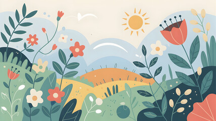 Vibrant spring landscape illustration with colorful flowers green plants and sunny sky over rolling hills