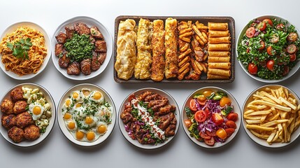 Diverse Meal Platter, Noodles Fried Chicken Fries Salad, Dining Choice Food Display