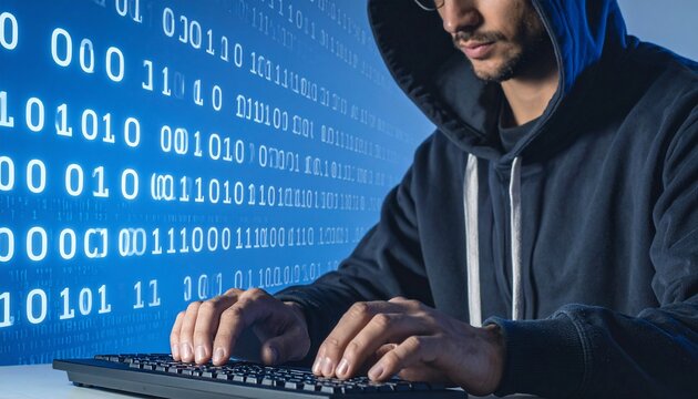 Hooded Hacker Coding on Keyboard with Binary Code Backdrop  Cybersecurity Concept. - Powered by Adobe