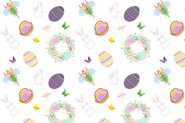 A cheerful and colorful Easter seamless pattern featuring bunnies, decorated eggs, floral wreaths, and bouquets. Perfect for holiday designs, textiles, or wrapping paper.