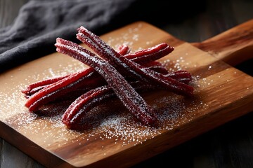 Red Velvet Churros Dusted with Sugar on Serving Board for Sweet Gourmet Dessert Food Styling Photography