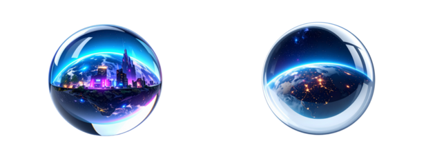Set of Floating Crystal Sphere Encasing Miniature Future Planet