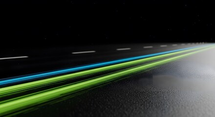 Futuristic Digital Highway with Luminous Green and Blue Light Trails perfect for website banner, technology advertisement,