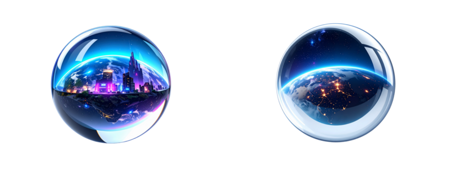 Set of Floating Crystal Sphere Encasing Miniature Future Planet