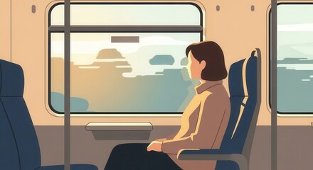 Solitary female traveler gazes out of a modern passenger conveyance window during daylight hours