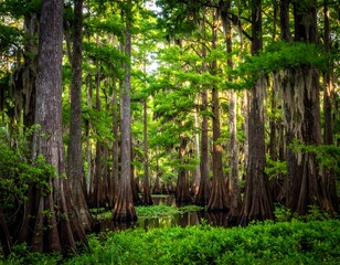 Lush cypress swamp forest at dawn