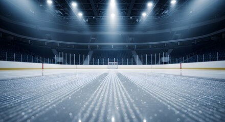 Pristine Empty Ice Hockey Rink Under Bright Stadium Lights perfect for sports marketing, event promotion, website banner,
