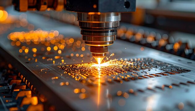Laser cutting metal sheet with sparks in industrial factory setting with close up.