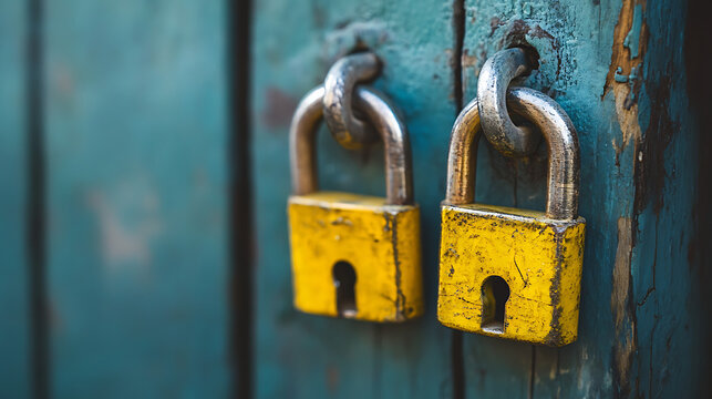 Two yellow locks are hanging on a blue door. One of the locks has a keyhole. The other lock is not keyed