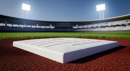 Baseball Base on Professional Stadium Field with Bright Lights perfect for Sports advertising, event promotion, website