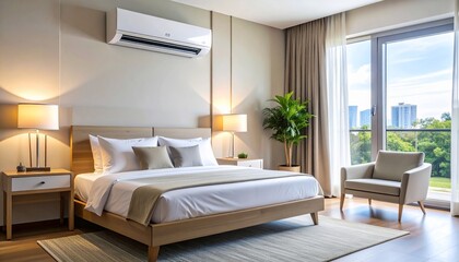 Fototapeta premium Luxury Bedroom Interior with AC with Bed, Window View, and Modern Design Comfort.