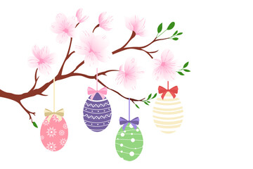 A delicate cherry blossom branch adorned with four colorful, patterned Christmas ornaments. A charming blend of spring florals and festive holiday decor.
