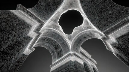 A stylized, arched architectural structure with a glowing, open space