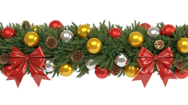 Elegant festive garland with baubles, pinecones, and red bows for holidays