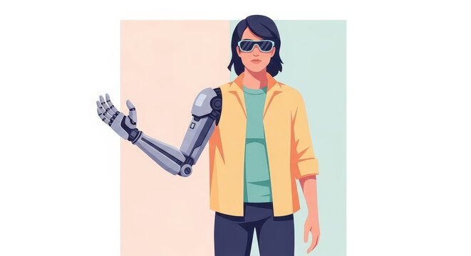 Modern individual wearing sunglasses displays advanced robotic prosthetic arm in stylish presentation