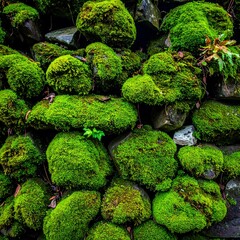 Lush green moss covering stones